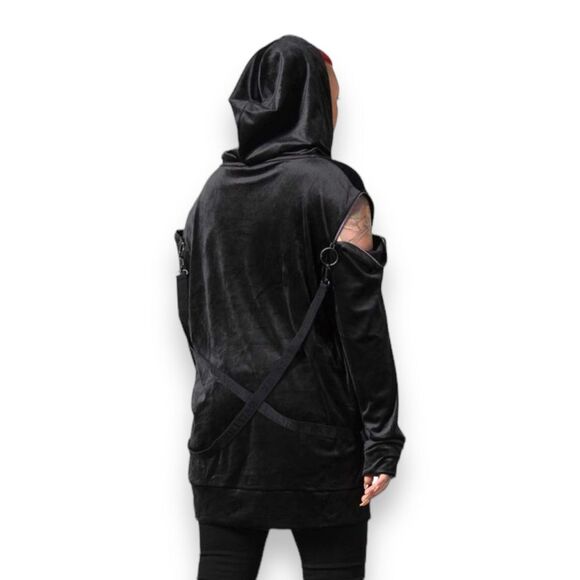 Black Velvet Long Sleeve Zipper Harness Hooded Pullover Hoodie Killstar NEW - Picture 1 of 4
